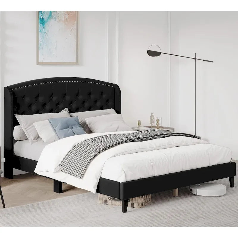 Upholstered Platform Bed Frame with Wingback Headboard-10