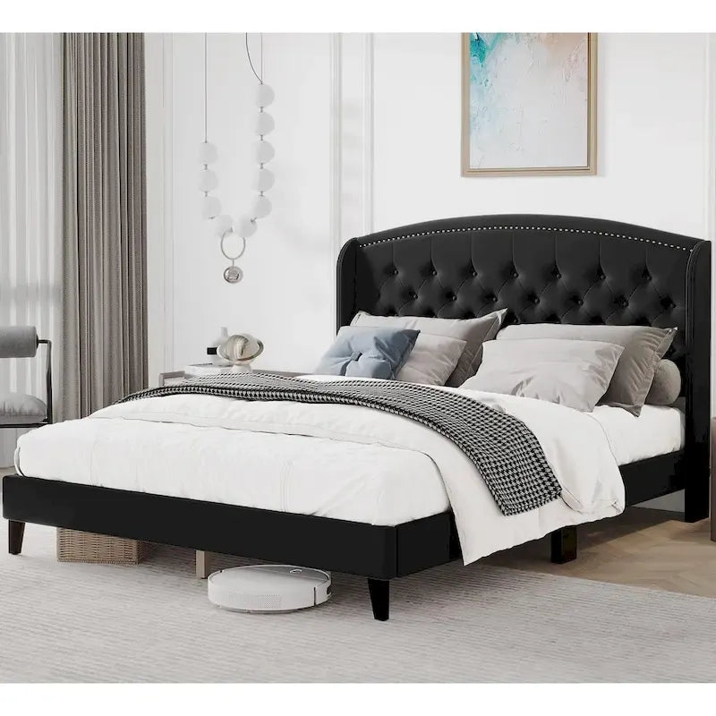 Upholstered Platform Bed Frame with Wingback Headboard-14