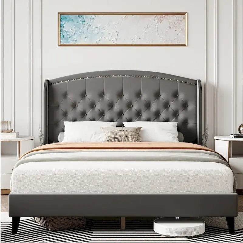 Upholstered Platform Bed Frame with Wingback Headboard-17