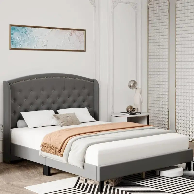 Upholstered Platform Bed Frame with Wingback Headboard-20