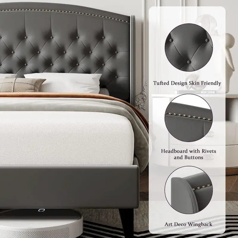 Upholstered Platform Bed Frame with Wingback Headboard-21