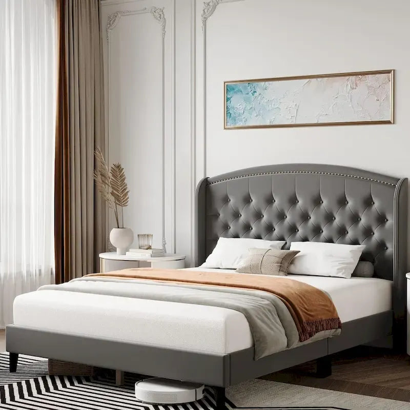 Upholstered Platform Bed Frame with Wingback Headboard-23