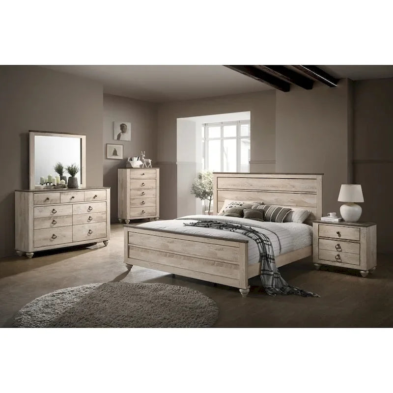 Roundhill Furniture Imerland Contemporary White Wash Finish 5-Piece Bedroom Set, King