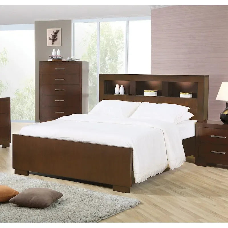 Wood Bed with Bookcase Headboard in Cappuccino-2