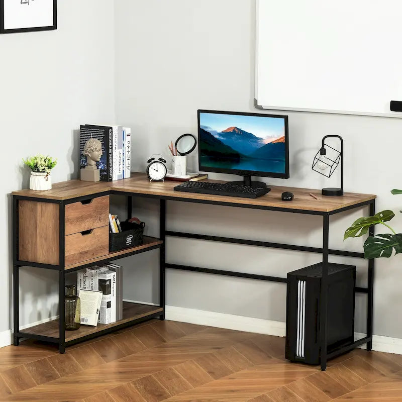 HOMCOM L-Shaped Home Office Writing Desk with Storage Shelf, Drawer, Brown-9