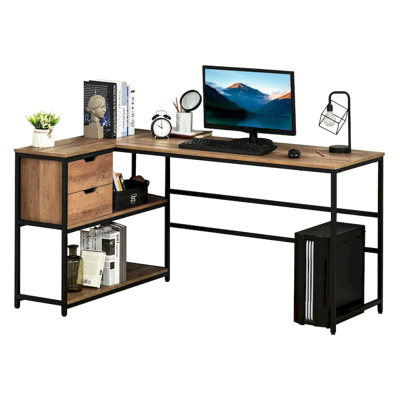 HOMCOM L-Shaped Home Office Writing Desk with Storage Shelf, Drawer, Brown