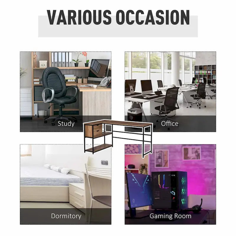 HOMCOM L-Shaped Home Office Writing Desk with Storage Shelf, Drawer, Brown-6