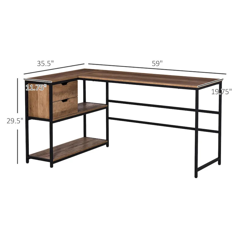 HOMCOM L-Shaped Home Office Writing Desk with Storage Shelf, Drawer, Brown-7