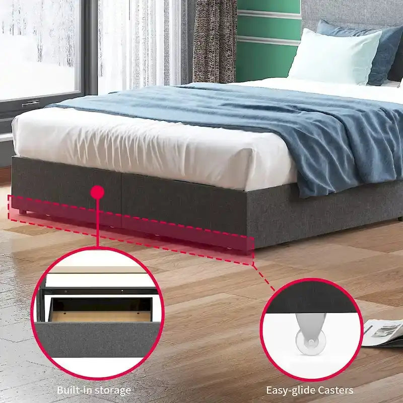 Mixoy Full/Queen/King Size Bed Frame, No Box Spring Needed Bed Frame with Headboard, Upholstered Platform Bed Frame for Bedroom-3