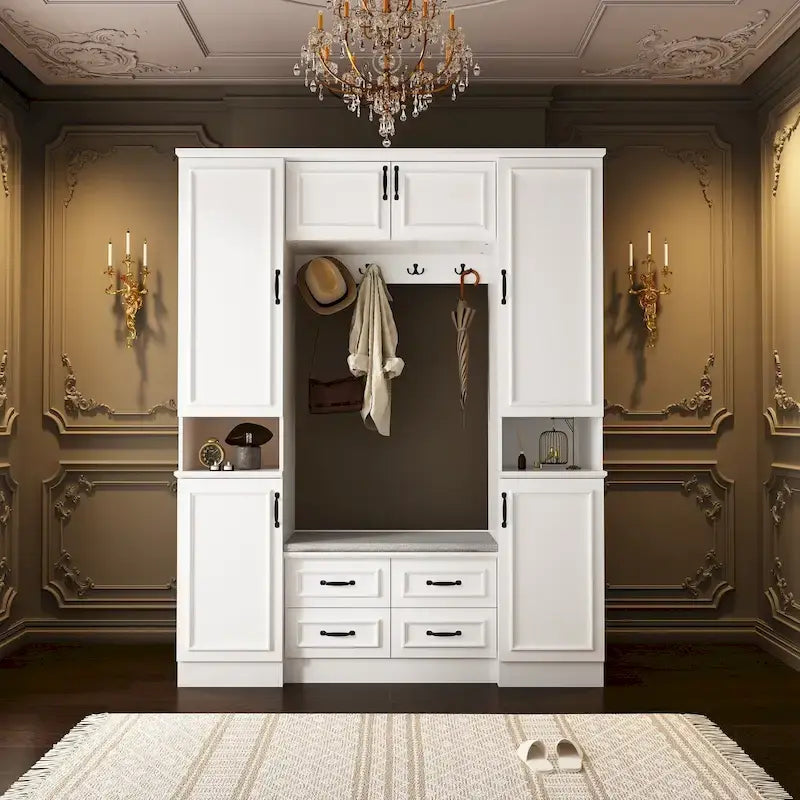 Modern 6-Door Armoire with Cushioned Bench and Drawers-24