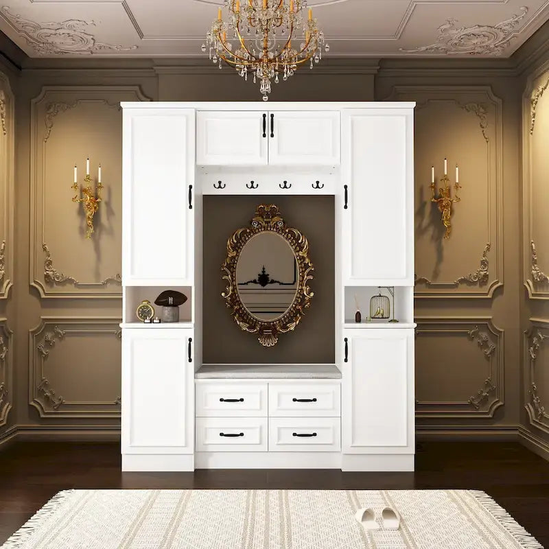 Modern 6-Door Armoire with Cushioned Bench and Drawers-2