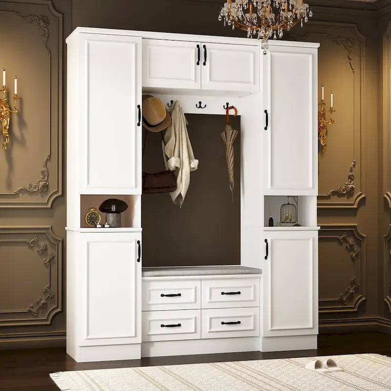 Modern 6-Door Armoire with Cushioned Bench and Drawers-3