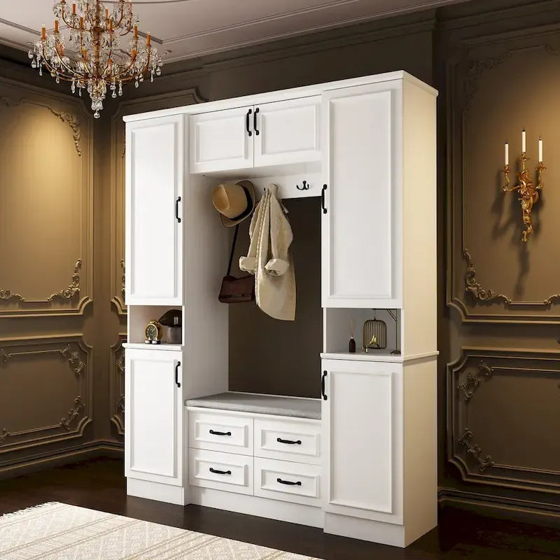 Modern 6-Door Armoire with Cushioned Bench and Drawers-4