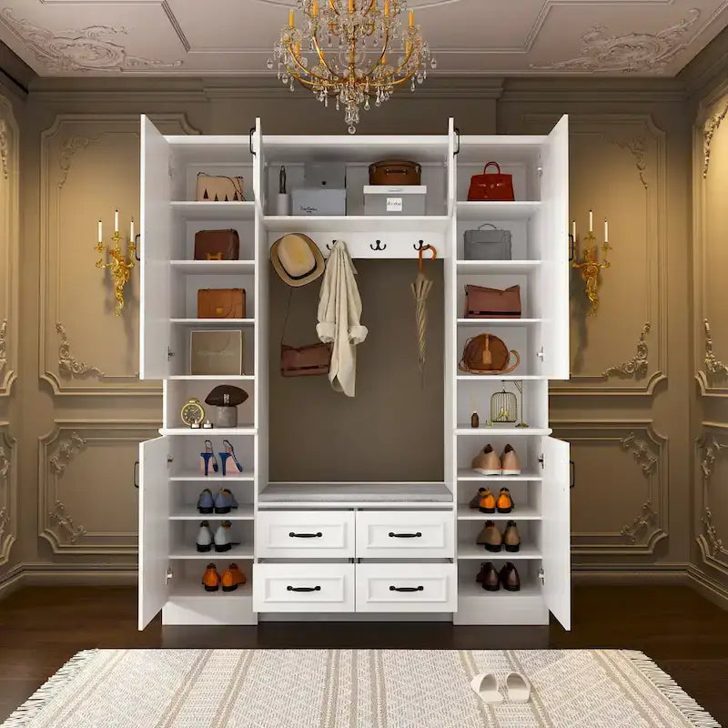 Modern 6-Door Armoire with Cushioned Bench and Drawers-5