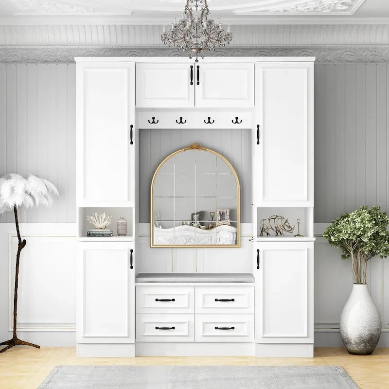 Modern 6-Door Armoire with Cushioned Bench and Drawers-6