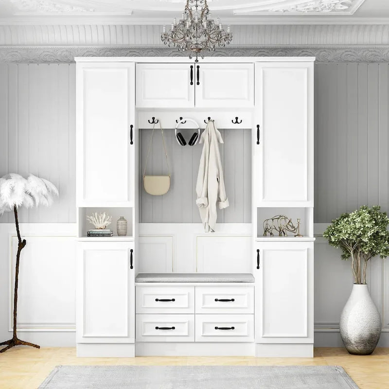 Modern 6-Door Armoire with Cushioned Bench and Drawers-7