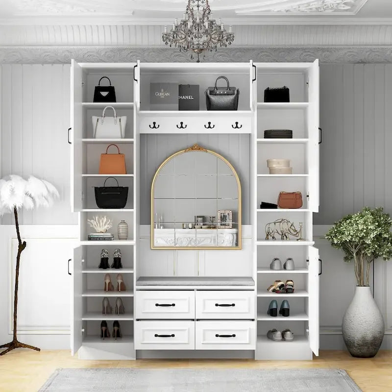 Modern 6-Door Armoire with Cushioned Bench and Drawers-8