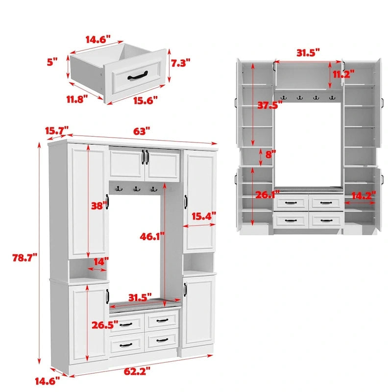 Modern 6-Door Armoire with Cushioned Bench and Drawers-9