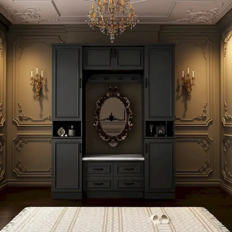 Modern 6-Door Armoire with Cushioned Bench and Drawers-14