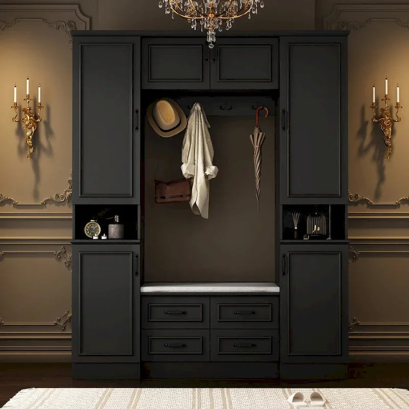 Modern 6-Door Armoire with Cushioned Bench and Drawers-15