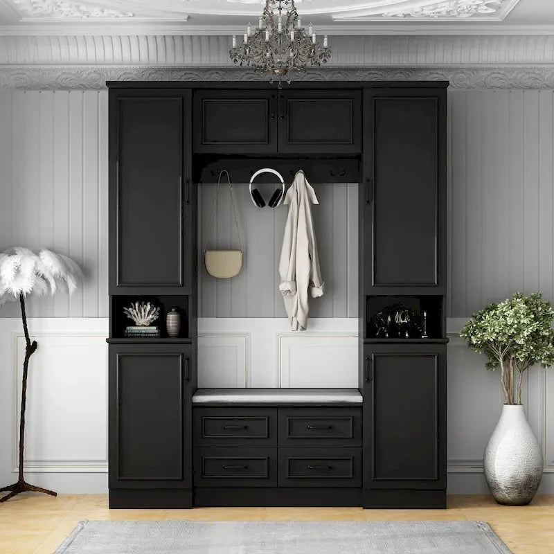 Modern 6-Door Armoire with Cushioned Bench and Drawers-16