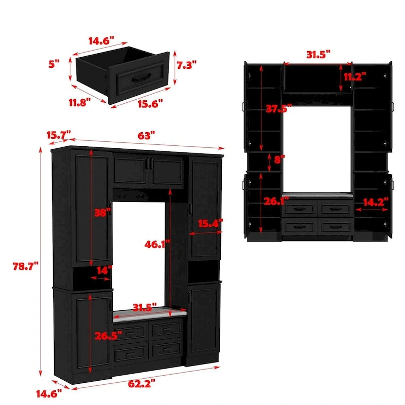 Modern 6-Door Armoire with Cushioned Bench and Drawers-17