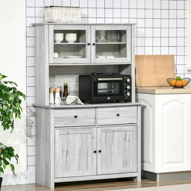 HOMCOM 63.5 Kitchen Buffet with Hutch, Pantry Storage Cabinet with 4 Shelves, Drawers, Framed Glass Doors-2