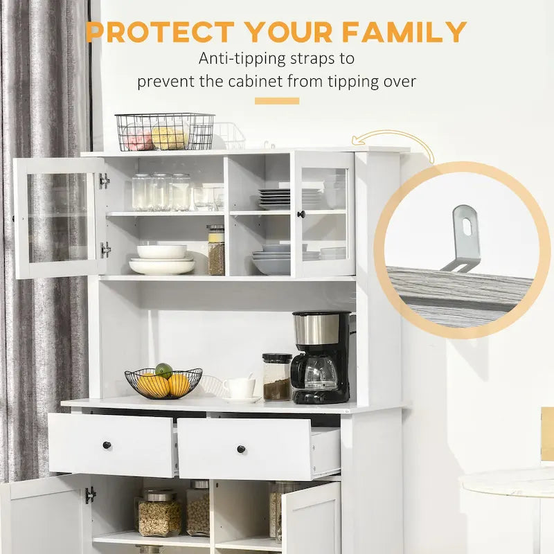 HOMCOM 63.5 Kitchen Buffet with Hutch, Pantry Storage Cabinet with 4 Shelves, Drawers, Framed Glass Doors-16