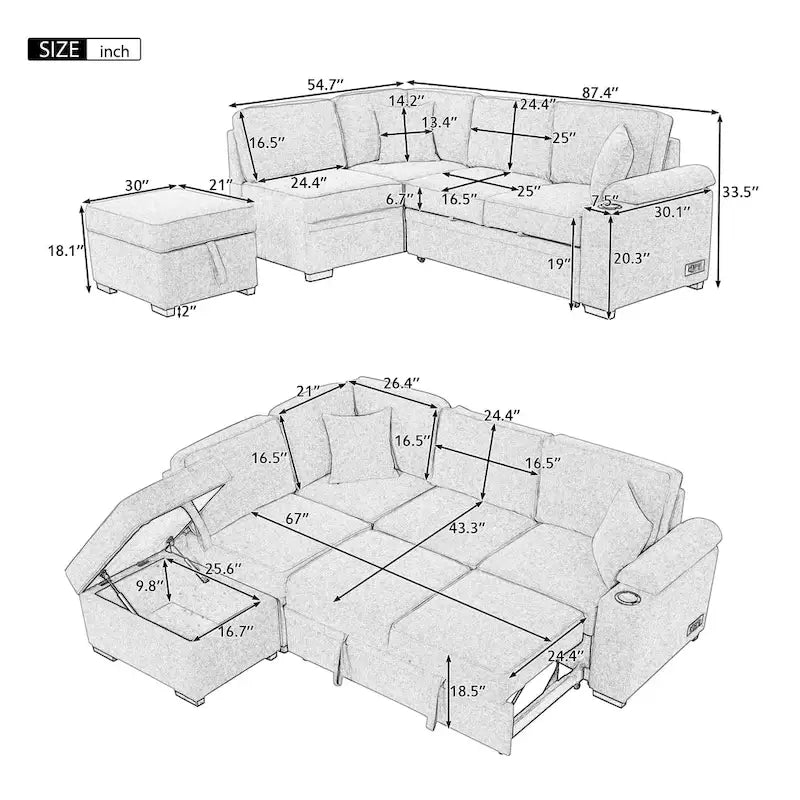 87.4 Sleeper Sofa Bed,2 in 1 Pull Out sofa bed L Shape Couch with Storage Ottoman for Living Room,Bedroom Couch and Small Apart-2