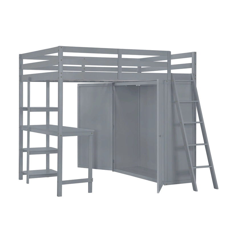Full Size Loft Bed with Wardrobe and Desk and Shelves, Gray-2