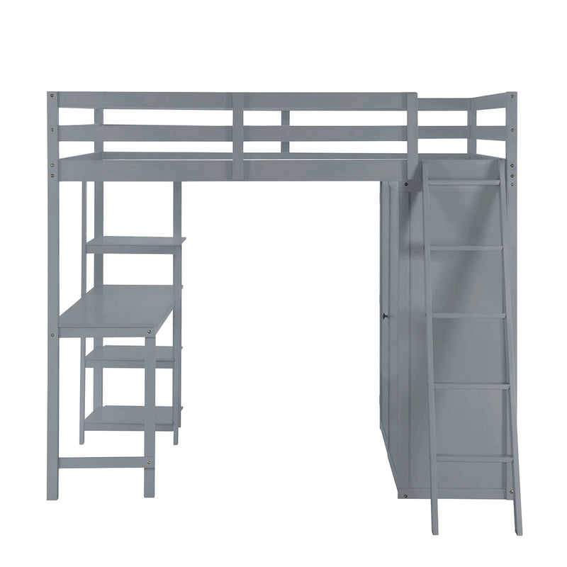 Full Size Loft Bed with Wardrobe and Desk and Shelves, Gray-3