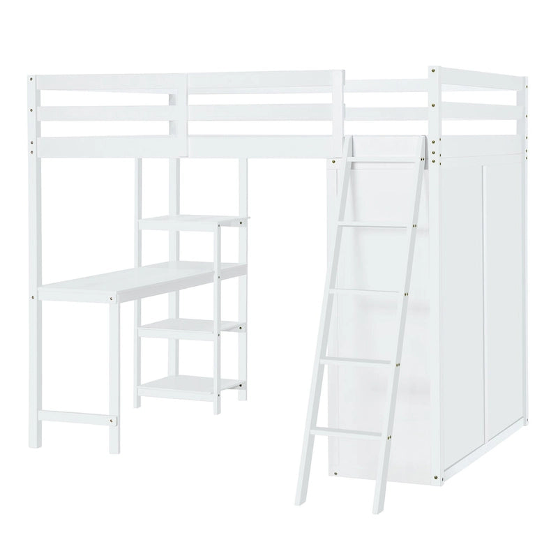 Full Size Loft Bed with Wardrobe and Desk and Shelves, Gray-8
