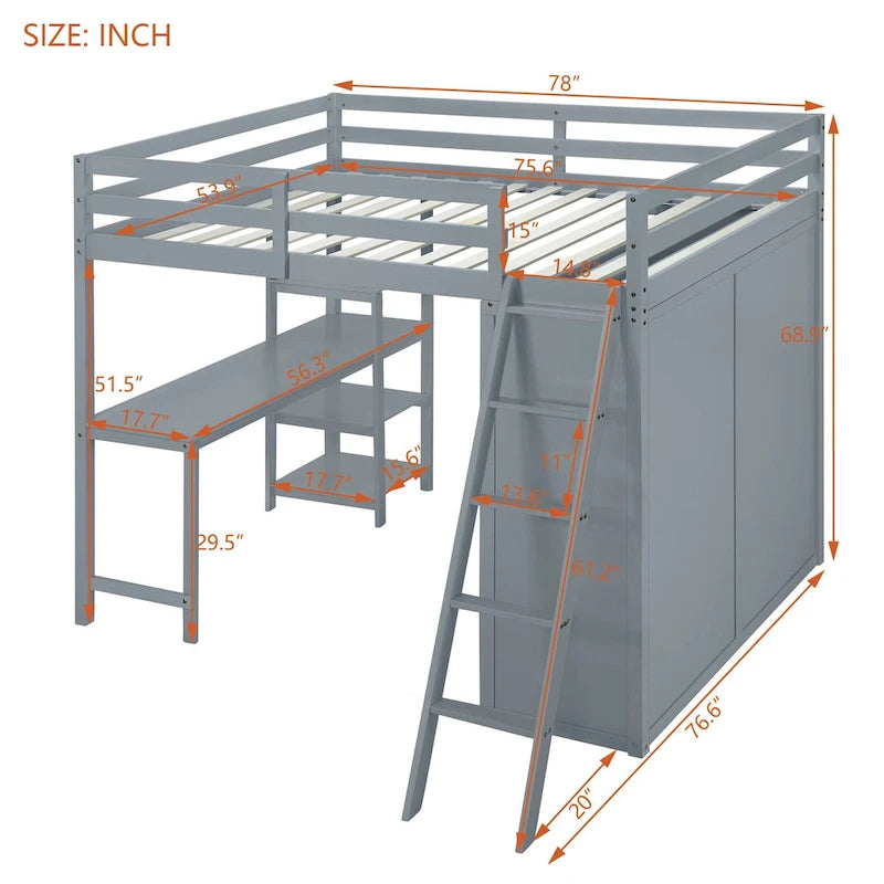 Full Size Loft Bed with Wardrobe and Desk and Shelves, Gray-10