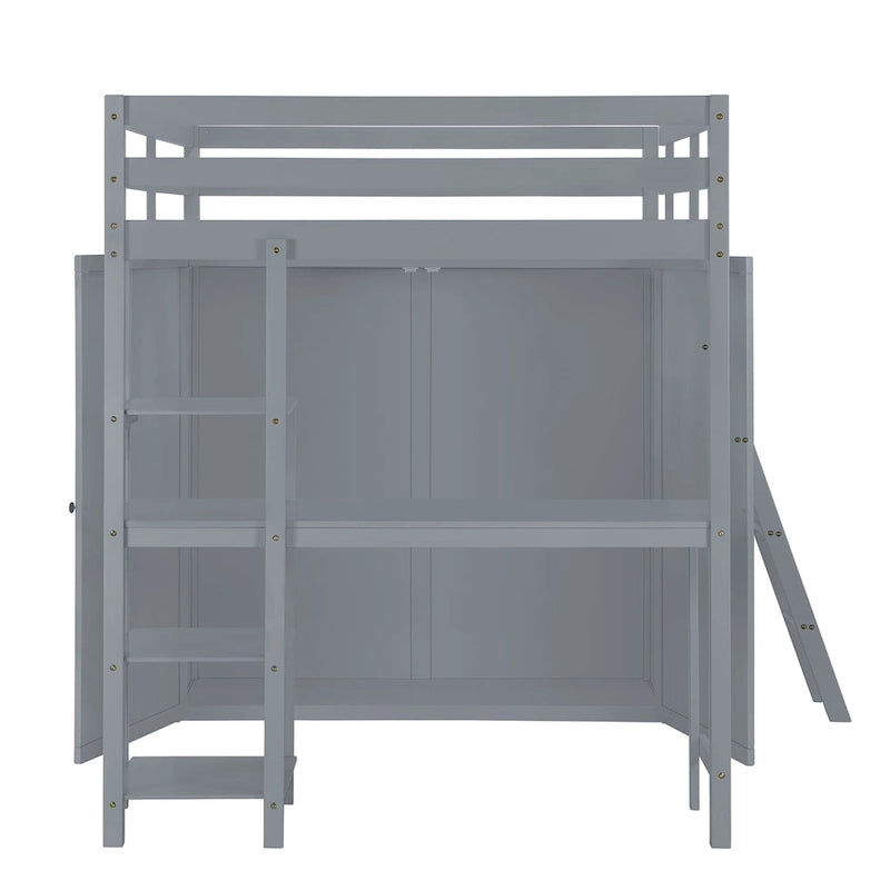 Full Size Loft Bed with Wardrobe and Desk and Shelves, Gray-12