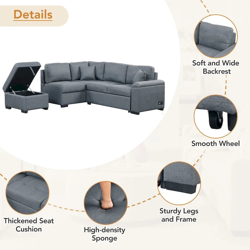 Sleeper Sectional Sofa, L-Shape Corner Couch Sofa-Bed with Storage Ottoman & Hidden Arm Storage & USB Charge for Living Room Ap-6