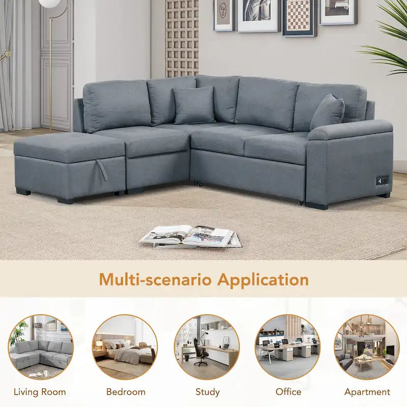 Sleeper Sectional Sofa, L-Shape Corner Couch Sofa-Bed with Storage Ottoman & Hidden Arm Storage & USB Charge for Living Room Ap-7