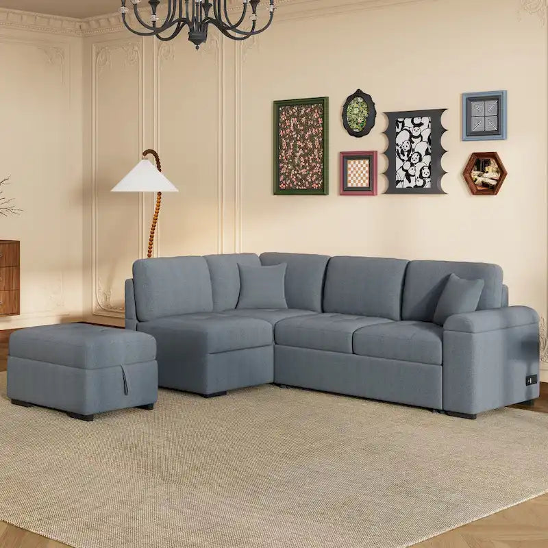 Sleeper Sectional Sofa, L-Shape Corner Couch Sofa-Bed with Storage Ottoman & Hidden Arm Storage & USB Charge for Living Room Ap-8