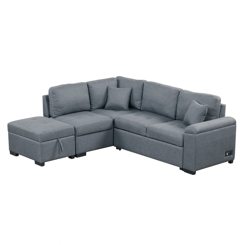 Sleeper Sectional Sofa, L-Shape Corner Couch Sofa-Bed with Storage Ottoman & Hidden Arm Storage & USB Charge for Living Room Ap-9