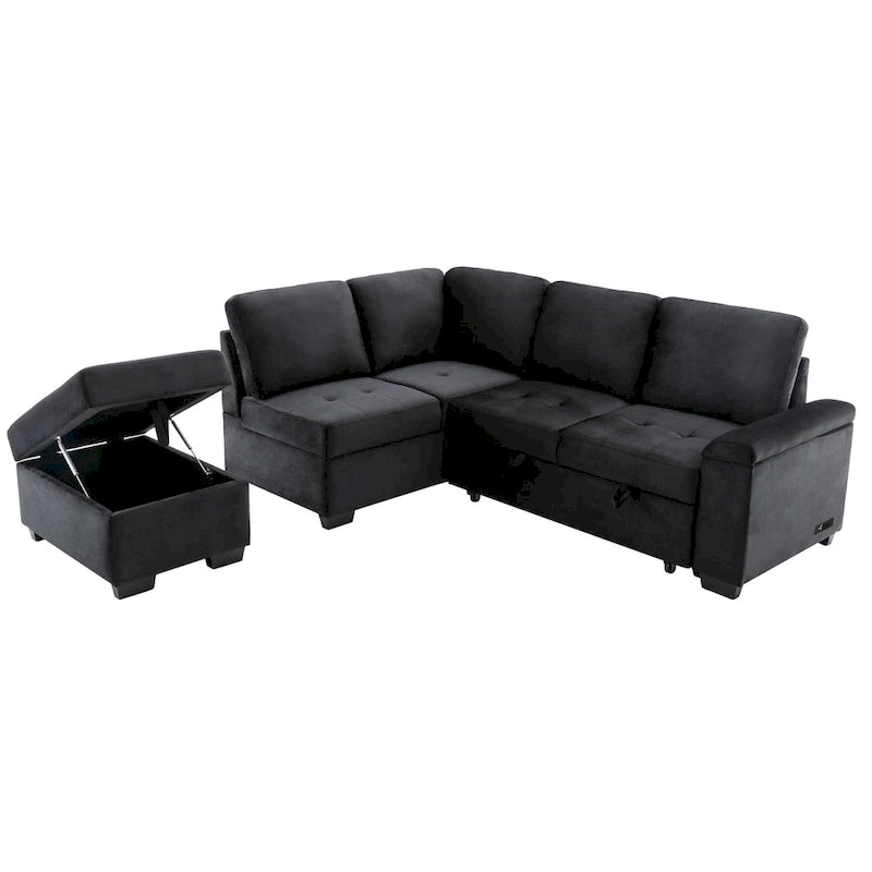 Sleeper Sectional Sofa, L-Shape Corner Couch Sofa-Bed with Storage Ottoman & Hidden Arm Storage & USB Charge for Living Room Ap-11