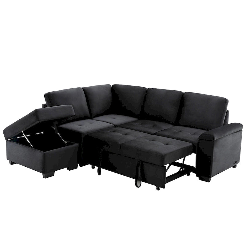 Sleeper Sectional Sofa, L-Shape Corner Couch Sofa-Bed with Storage Ottoman & Hidden Arm Storage & USB Charge for Living Room Ap-12