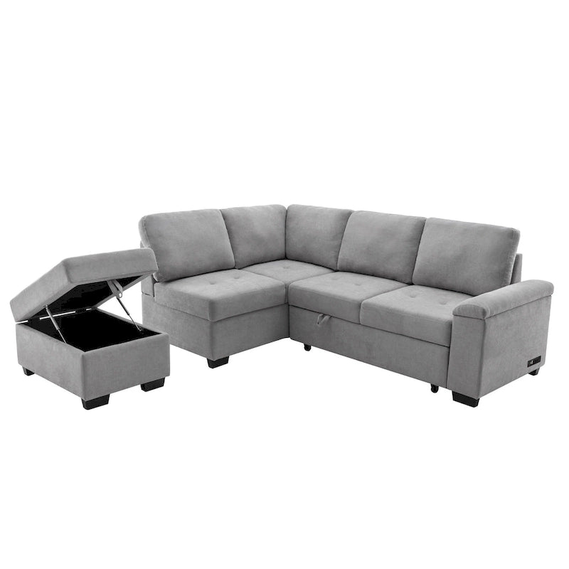 Sleeper Sectional Sofa, L-Shape Corner Couch Sofa-Bed with Storage Ottoman & Hidden Arm Storage & USB Charge for Living Room Ap-15