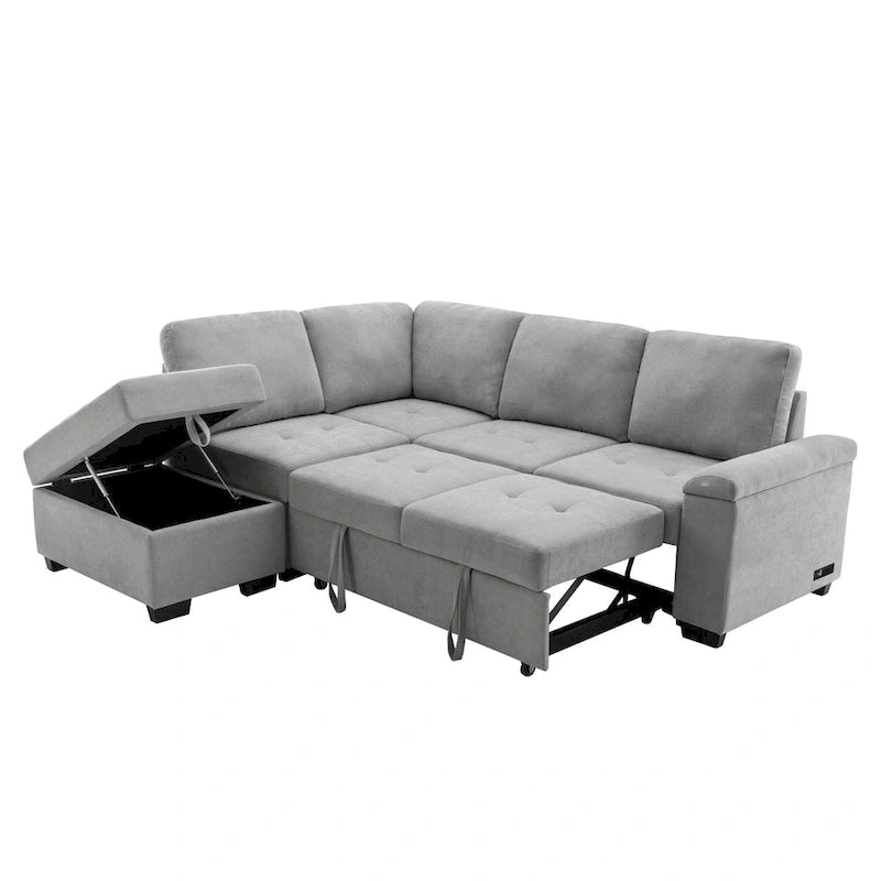 Sleeper Sectional Sofa, L-Shape Corner Couch Sofa-Bed with Storage Ottoman & Hidden Arm Storage & USB Charge for Living Room Ap-16