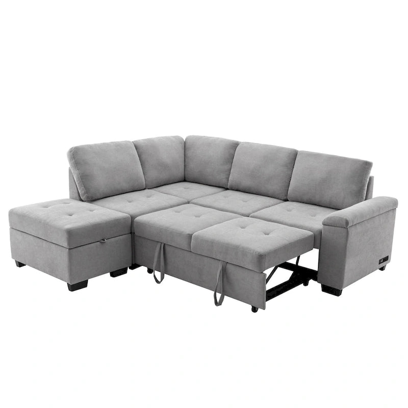 Sleeper Sectional Sofa, L-Shape Corner Couch Sofa-Bed with Storage Ottoman & Hidden Arm Storage & USB Charge for Living Room Ap-19