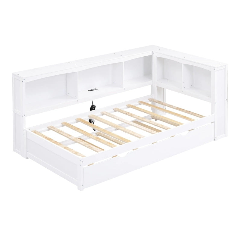 Twin Size Daybed with Trundle, Storage Cabinets and USB Ports, White-11