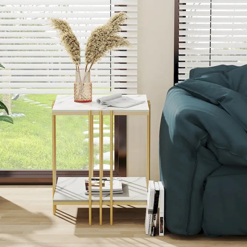 2 Tier Square Side Table Marble Gold Metal Leg Accent End Coffee Desk-2