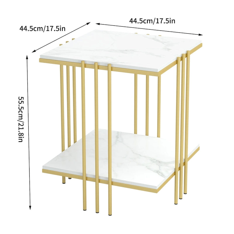 2 Tier Square Side Table Marble Gold Metal Leg Accent End Coffee Desk-4
