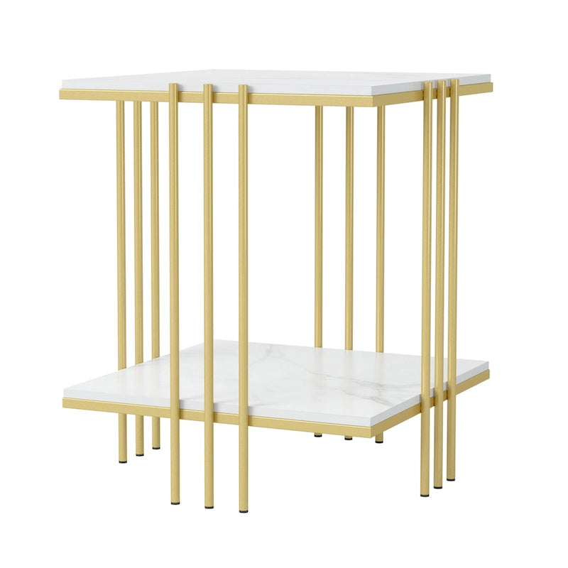 2 Tier Square Side Table Marble Gold Metal Leg Accent End Coffee Desk-5