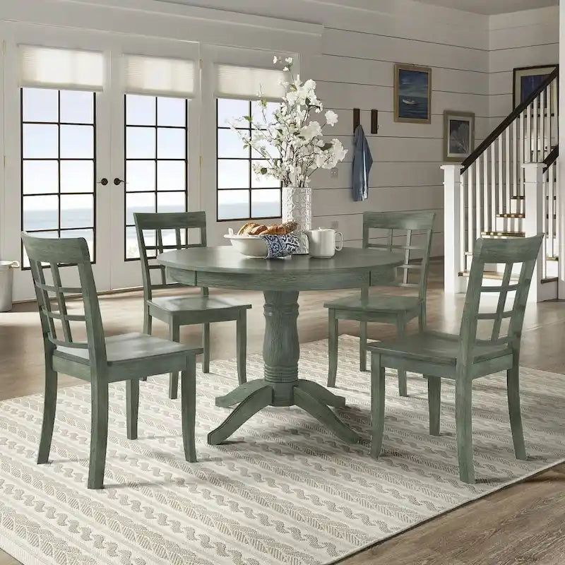 Wilmington II Round Pedestal Base Antique Sage Green 5-Piece Dining Set by iNSPIRE Q Classic-2