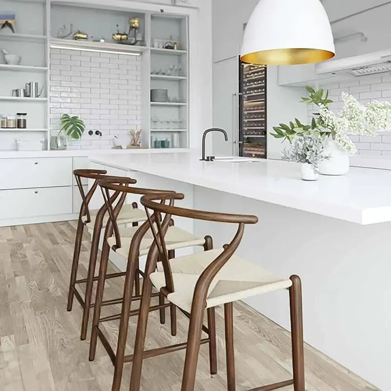 Solid Wood Countertop Height Barstool with Open Y Back Farmhouse Woven Organic Natural Chair For Kitchen Designer - N/A