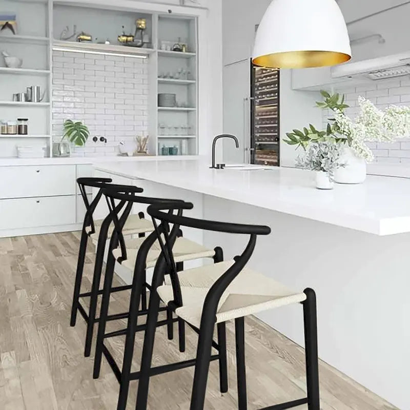 Solid Wood Countertop Height Barstool with Open Y Back Farmhouse Woven Organic Natural Chair For Kitchen Designer - N/A-3